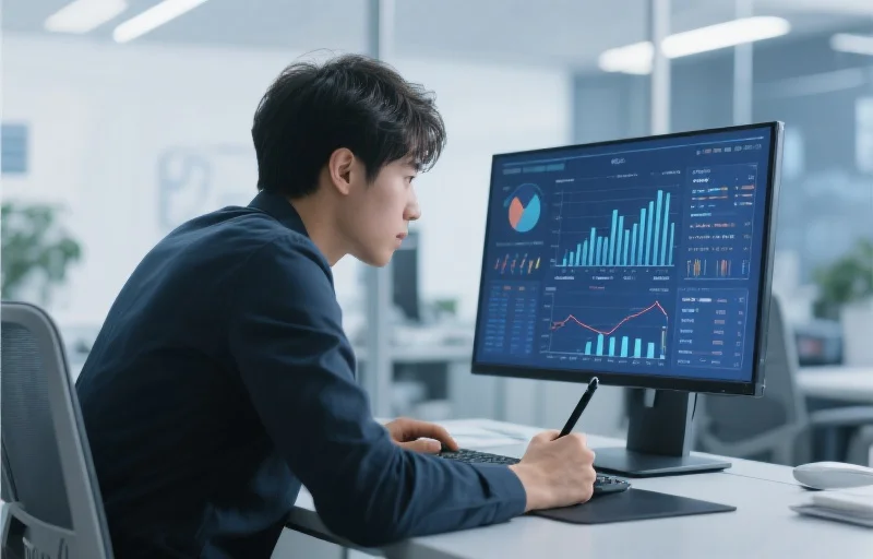 一个专注的年轻人坐在现代办公桌前，聚精会神地看着电脑屏幕上显示着复杂的数据图表和统计信息